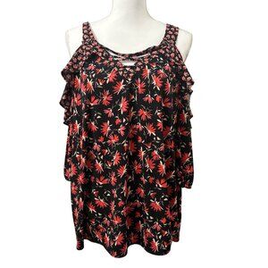 Maurices Contemporary Casual Black & Red Floral Boho Chic Cold Shoulder Top 1X